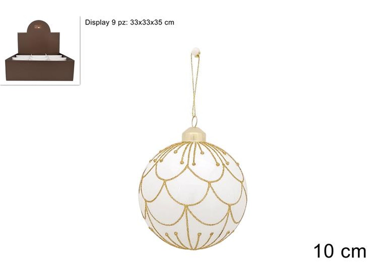 Palla in vetro 10cm bianca con decoro oro
