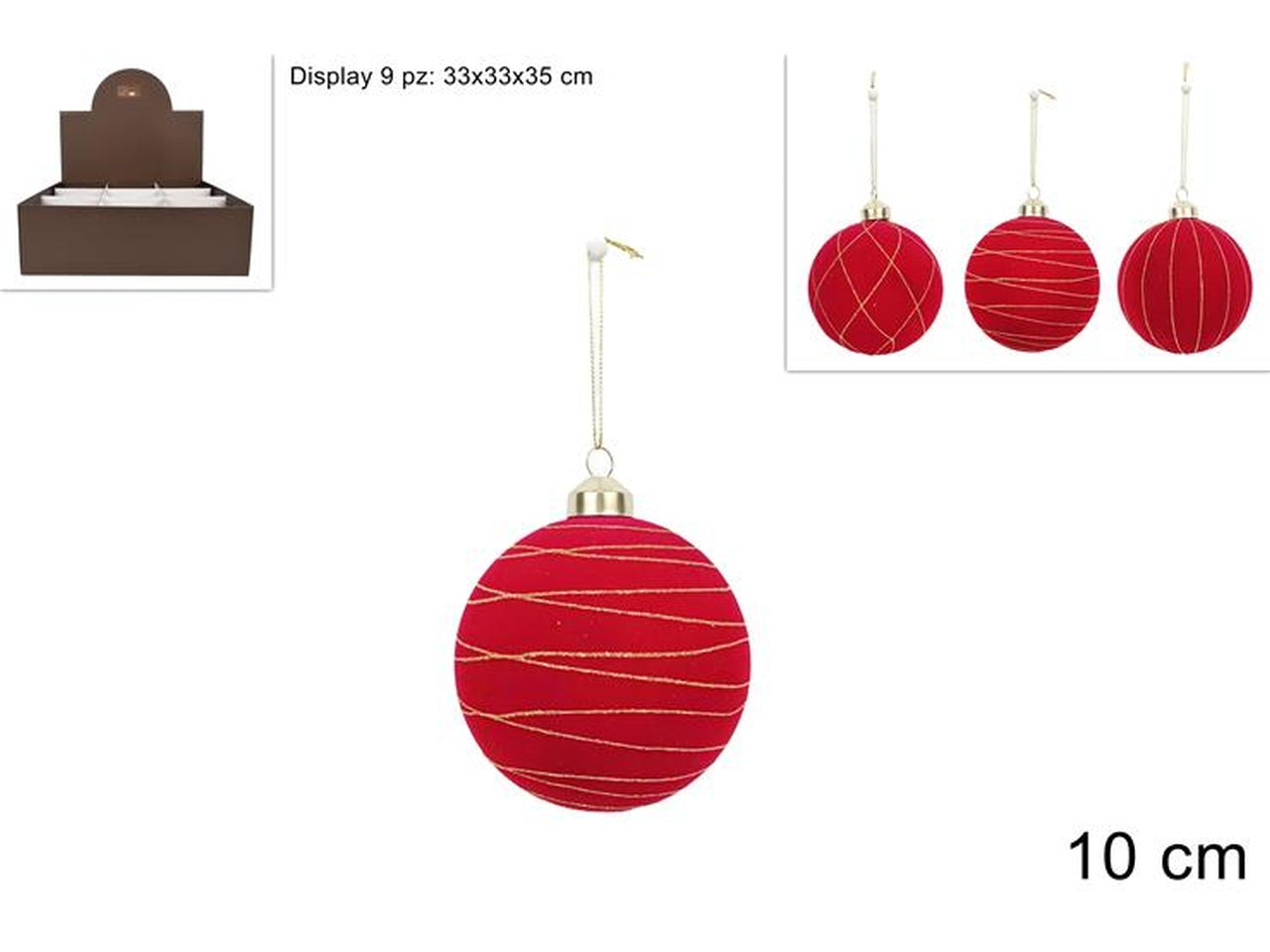 Palla in vetro 10cm floccata rossa con righe oro assortite