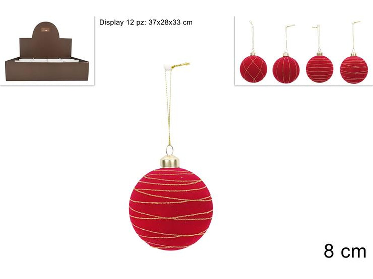 Palla in vetro 8cm floccata rossa con righe oro assortite