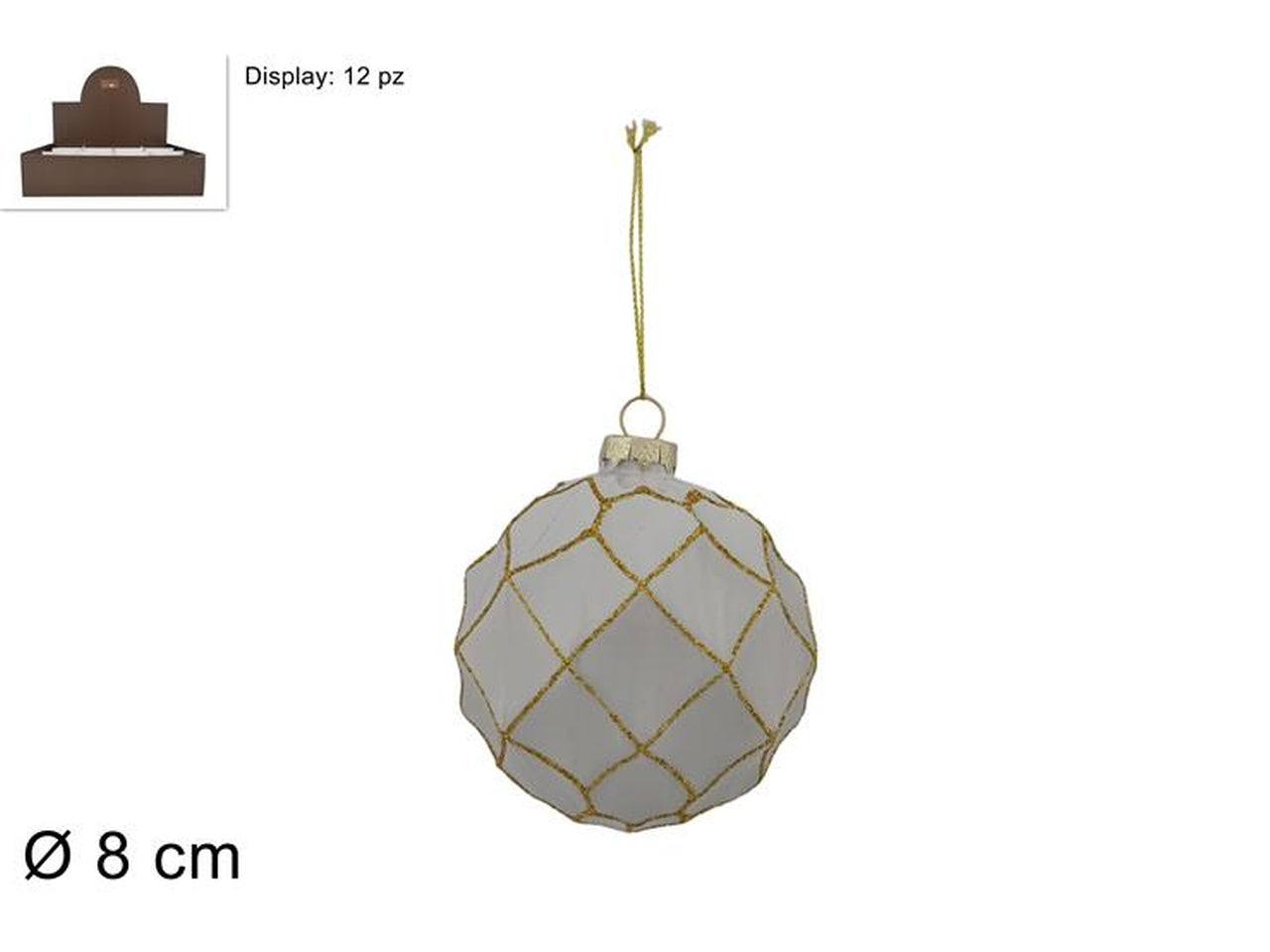 Palla in vetro 8cm bianca con rombi oro