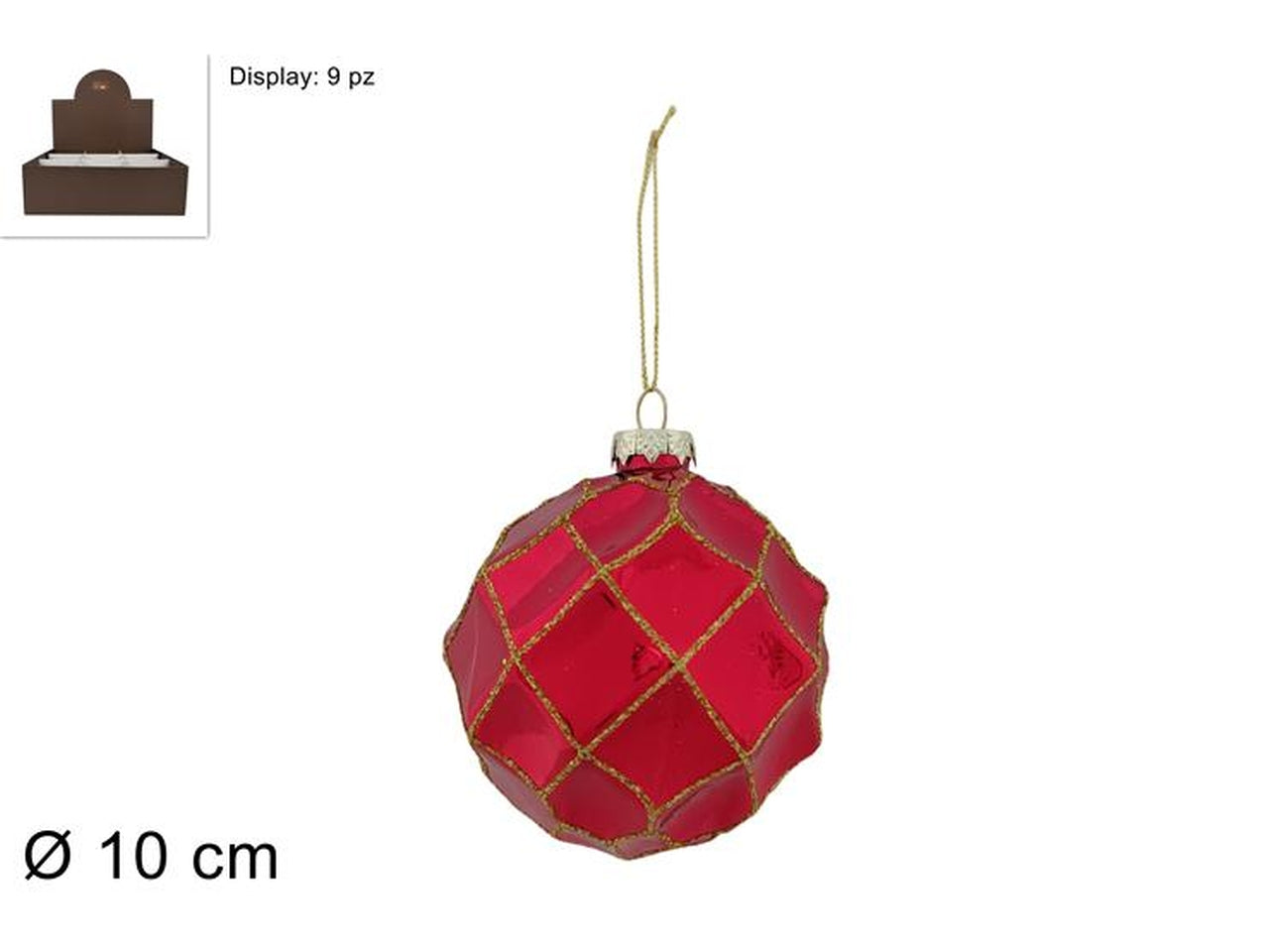 Palla in vetro 10cm rossa con rombi oro