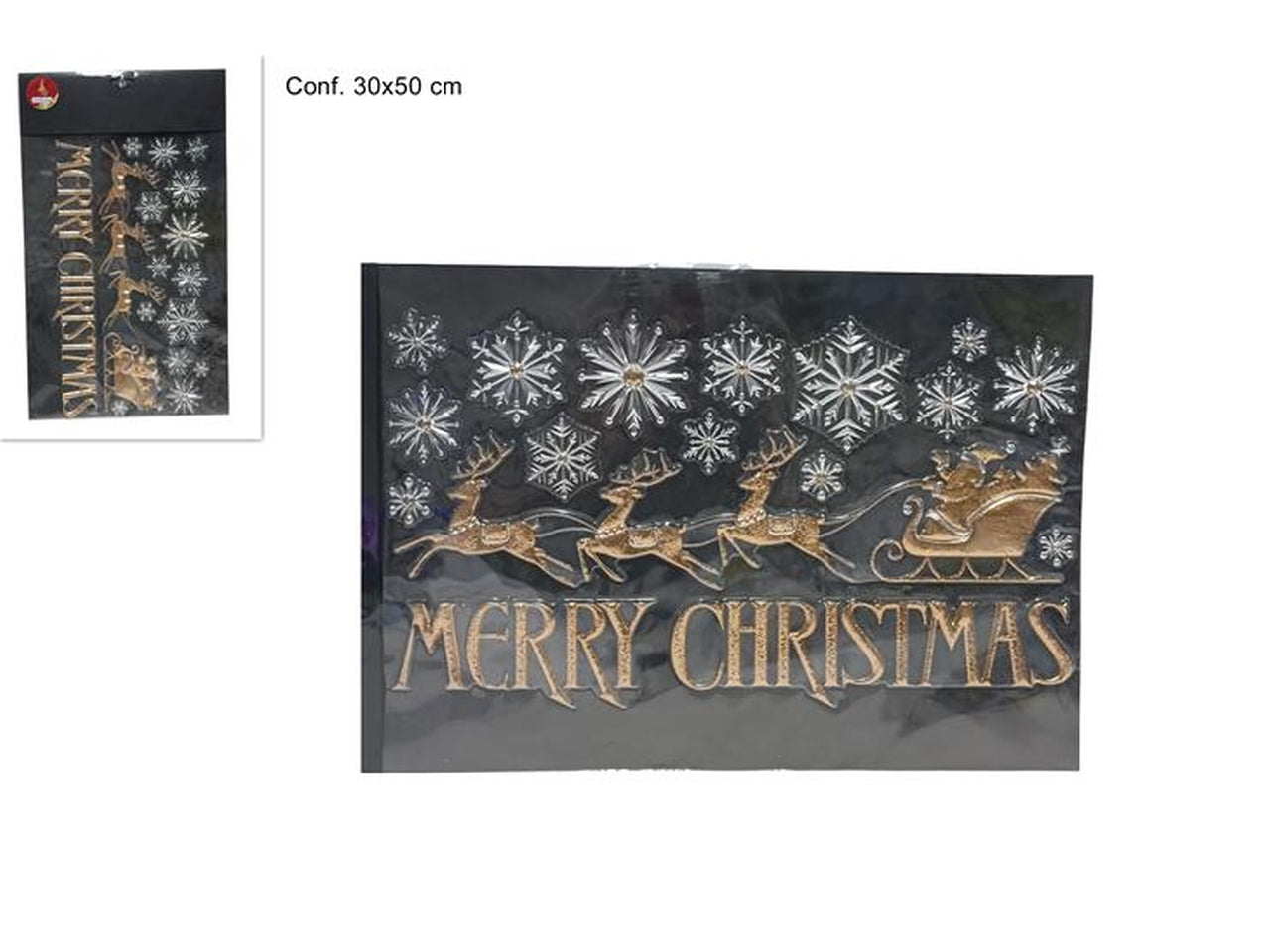 Vetrofania renna con slitta merry chrismas 30x50cm