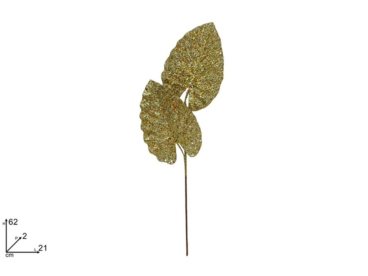Ramo 2foglie glitterate 62cm oro