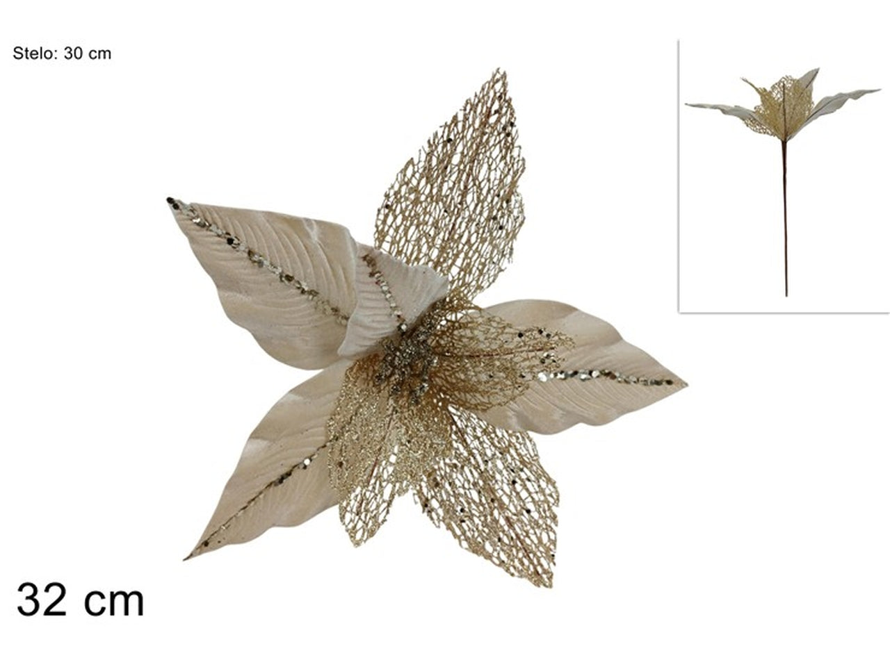 Ramo fiore in velluto e rete 32cm champagne