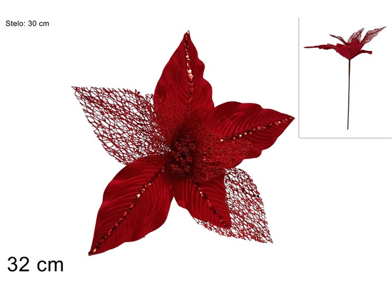 Ramo fiore in velluto e rete 32cm rosso