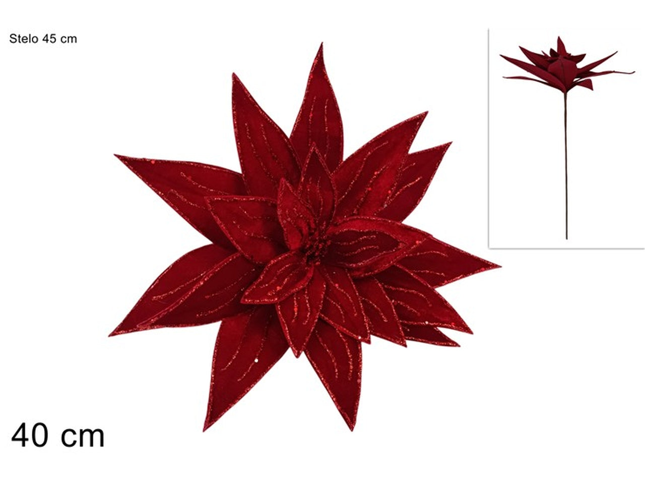 Ramo fiore in velluto con glitter 40cm rosso