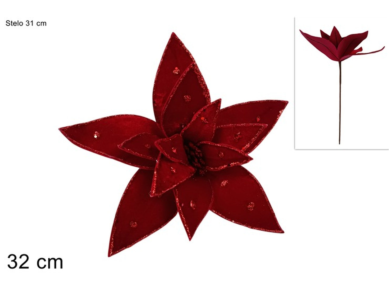 Ramo fiore in velluto con glitter 32cm rosso
