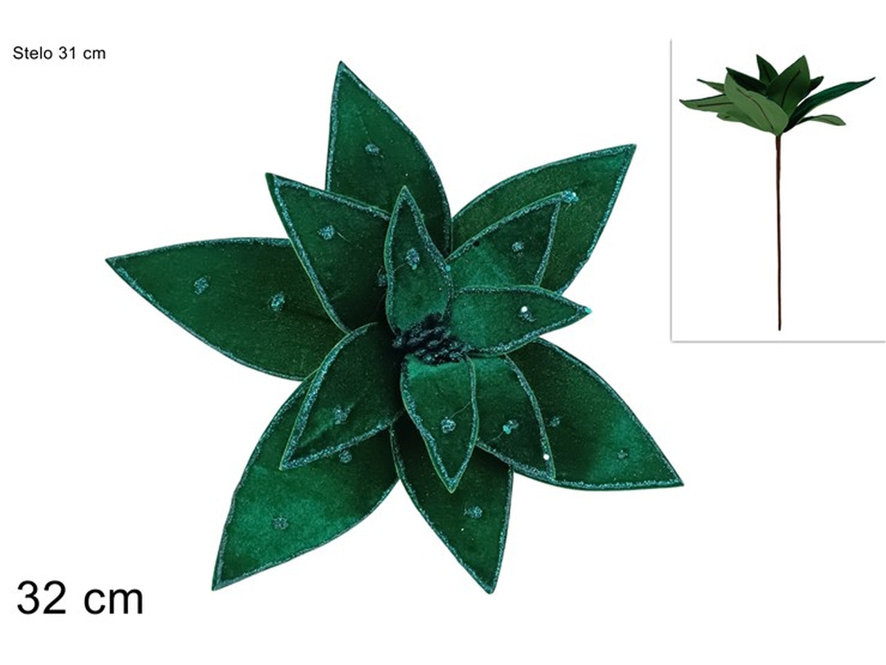 Ramo fiore in velluto con glitter 32cm verde