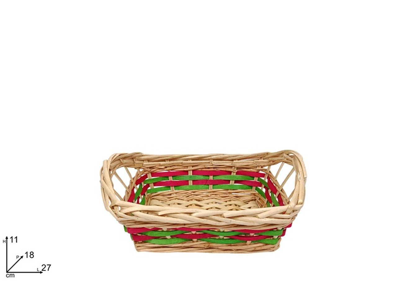 Cesta rettangolare 27x18xh.11cm naturale, rosso e verde