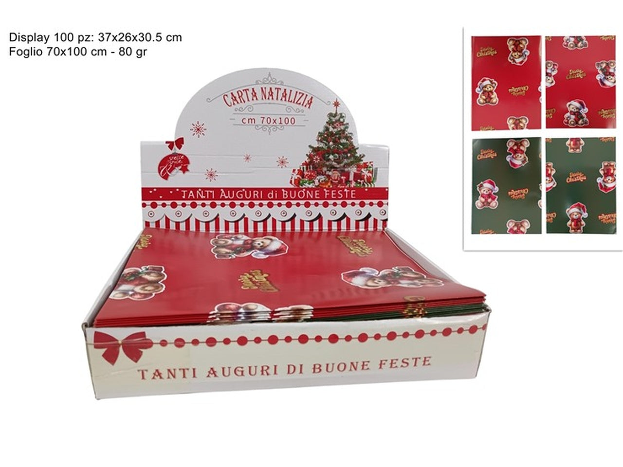 Carta regalo orsetto natalizio 80gr 70x100 in confezione da 100 pezz in 4 assortimenti