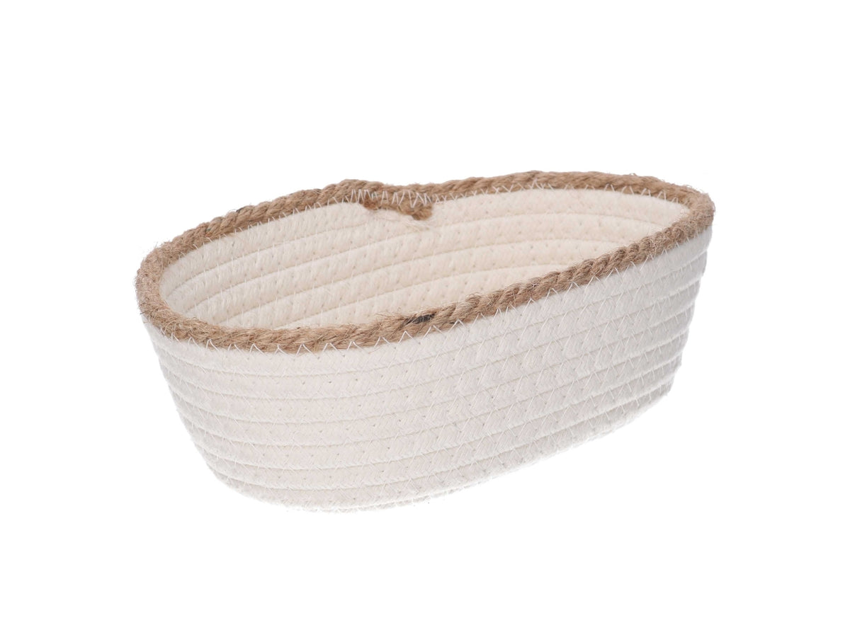 Cestino ovale in tessuto 22x16xh7cm bianco con bordo corda