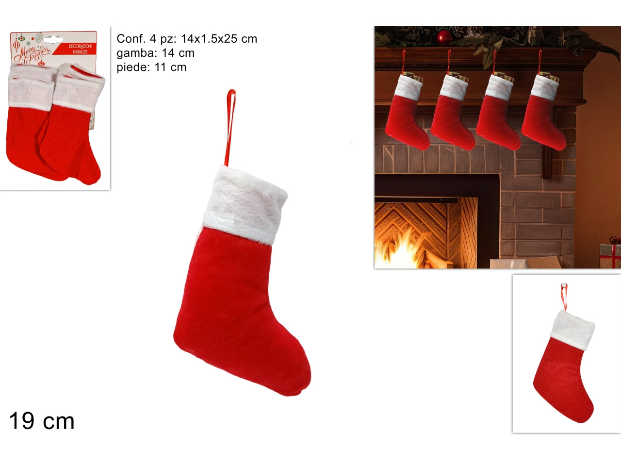 Calza babbo natale 19cm in confezione da 4 pezzi rosso
