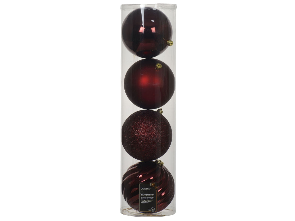 Palla di Natale 14cm in confezione da 4 pezzi bordeaux lucida, opaco e glitter