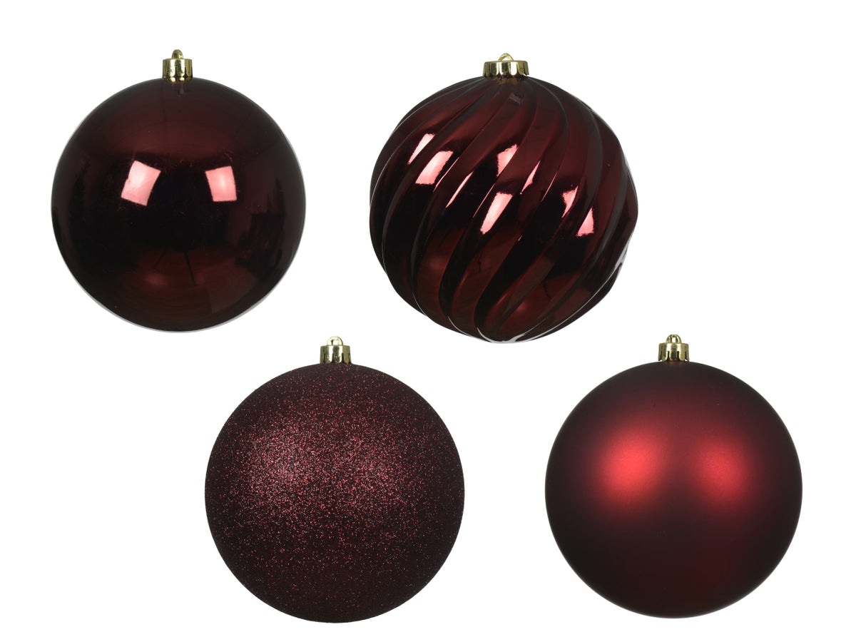 Palla di Natale 14cm in confezione da 4 pezzi bordeaux lucida, opaco e glitter