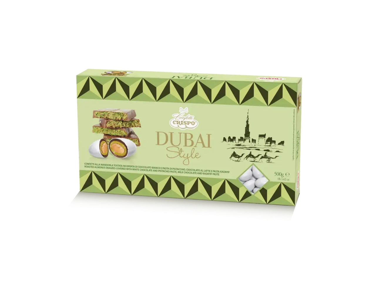 Confetti dubai style alla mandorla tostata ricoperta di cioccolato bianco e pasta di pistacchio 500gr