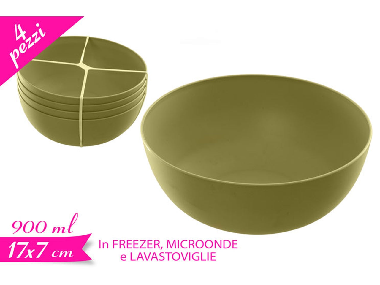 Set 4 scodelle in plastica riutilizzabile, colore verde vivace per zuppe, cereali e insalate$