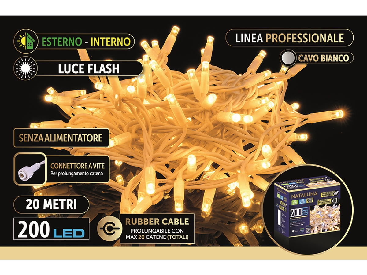Catena luci 200 led bianco caldo con flash 20mt, cavo bianco prolungabile per uso interno/esterno, senza alimentatore
