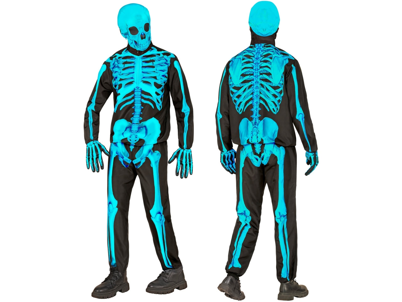 Costume scheletro fluorescente con giacca, pantaloni, guanti e maschera taglia 158cm/11-13anni