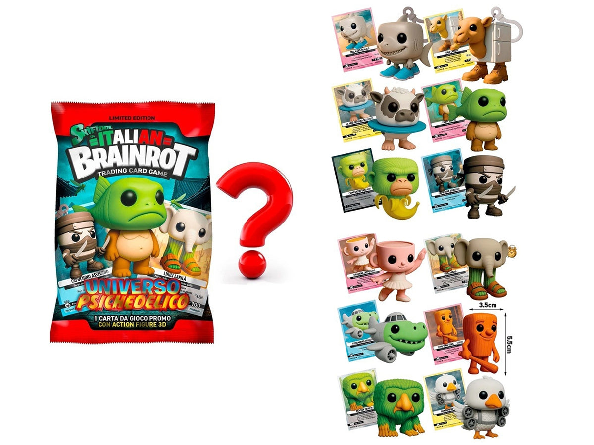 Brainrot bustina con 1 carta da gioco promozionale e 1 action figure 3D con moschettone.