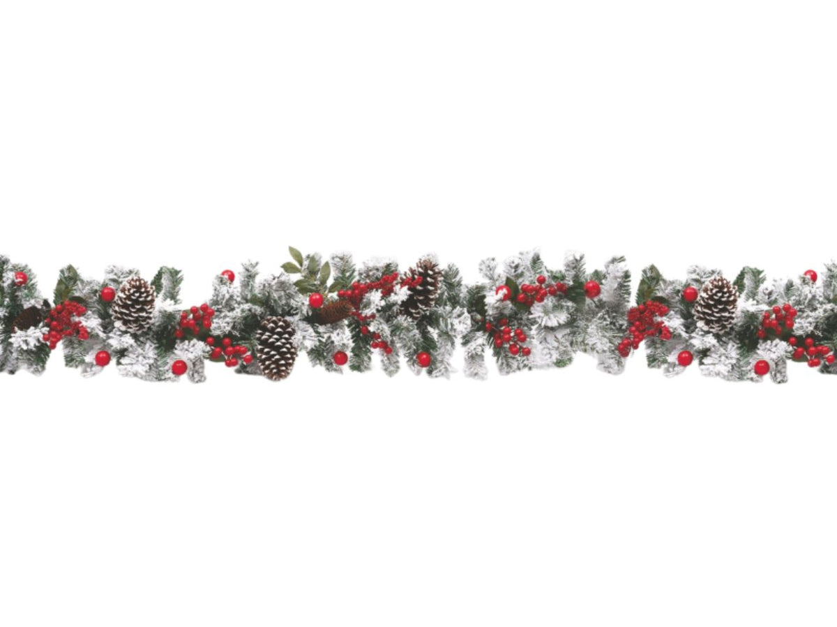 Ghirlanda natalizia innevata 200cm diametro 25cm con bacche rosse