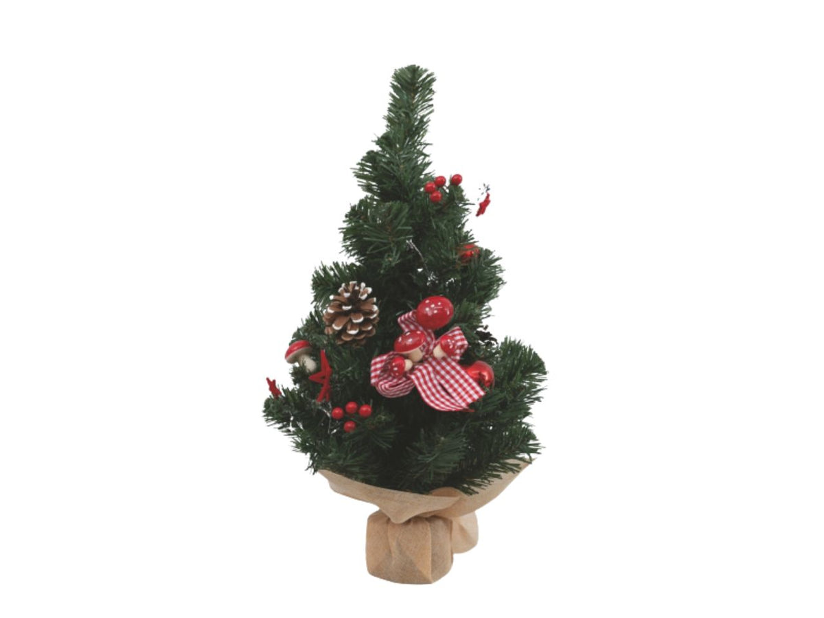 Albero 50cm verde con funghi, stelline, pigne innevate e palline
