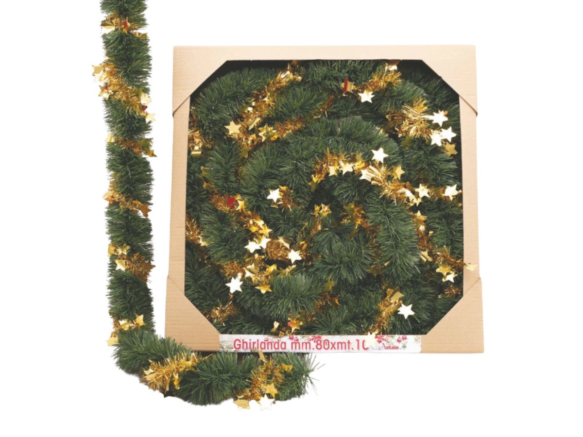 Filo decorativo natalizio 10mt diametro 8cm verde con stelle oro