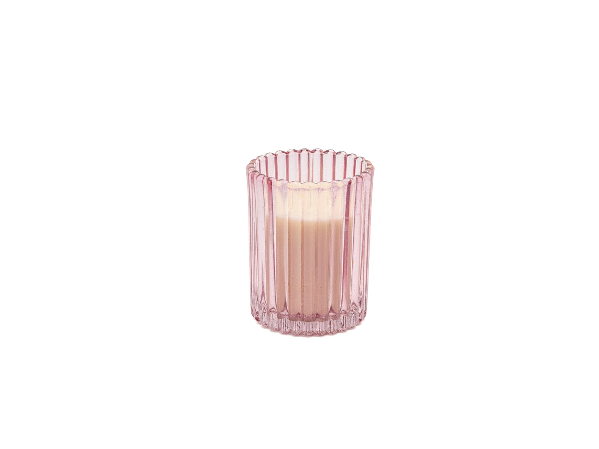 Candela con bicchiere in vetro rigato 7x10cm rosa