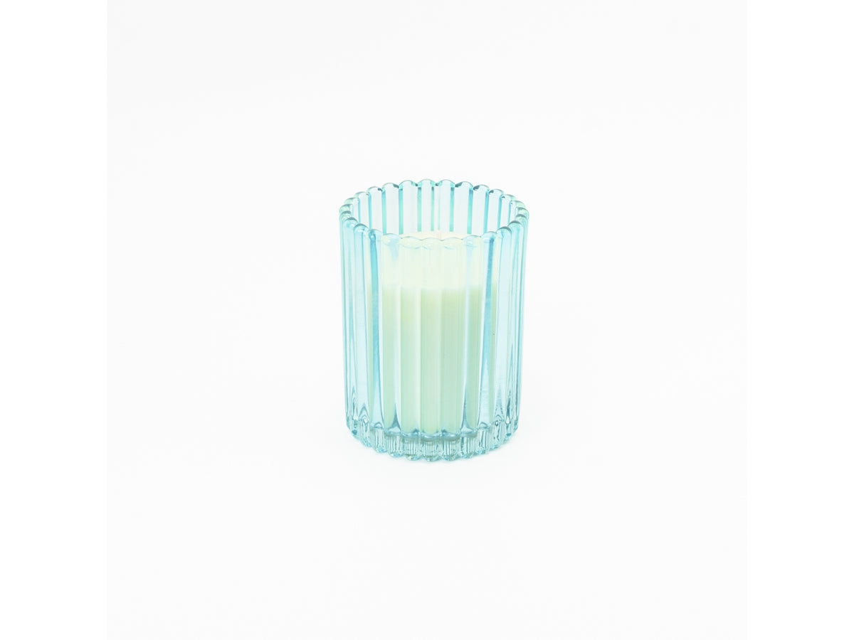Candela con bicchiere in vetro rigato 7x10cm turchese