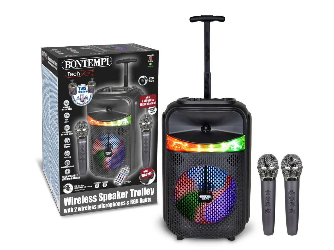 Cassa wireless trolley con 2 microfoni wireless e luci RGB