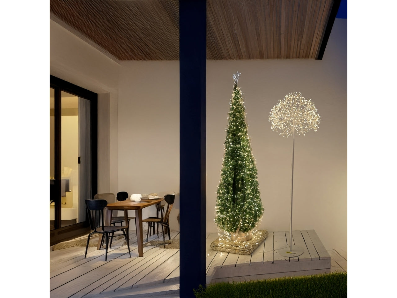 Piantana 155cm con ramo sfera a ciuffi 50cm e 912 microled bianco caldo e giochi di luce automatico flashled diamond per uso interno/esterno IP44