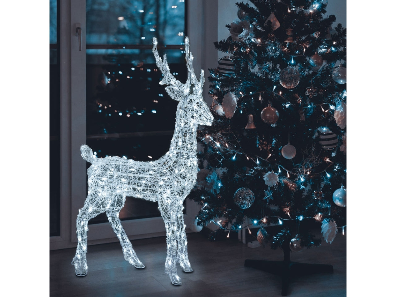 Renna luminosa 3D h.105cm con 180dual led bianco caldo + bianco freddo, per uso interno/esterno IP44