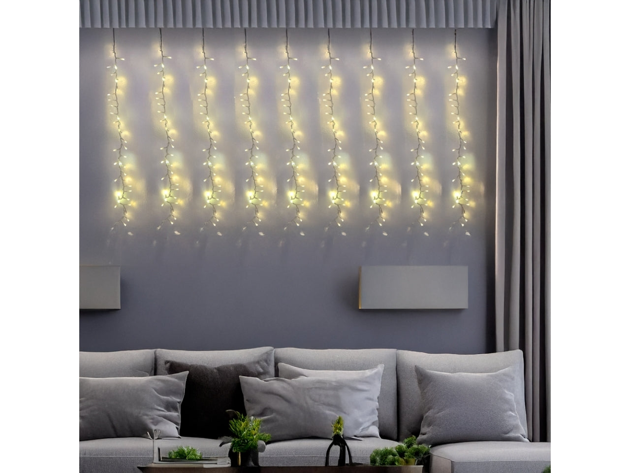 Tenda 460xh.80cm 1152 led bianco caldo e gioco di luce rincorrente bianco caldo, cavo trasparente per uso interno/esterno IP44