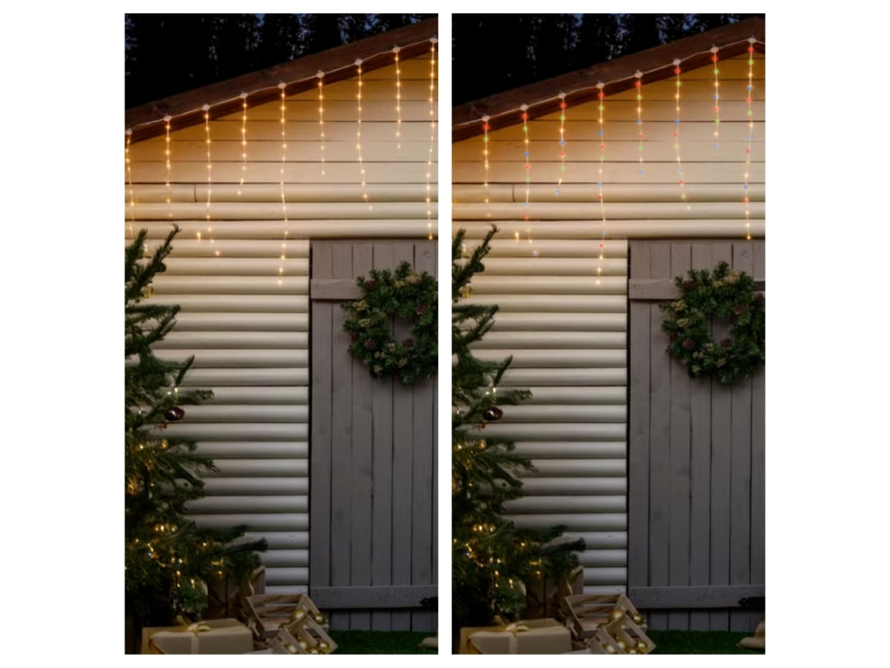 Tenda 5x0,8mt 120led dual color bianco caldo e multicolor, cavo trasparente per uso interno/esterno