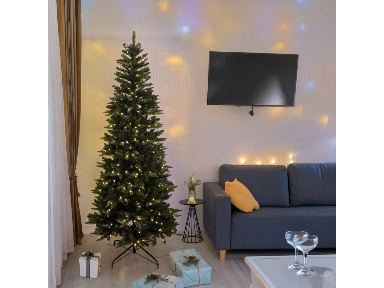 Albero slim prelit 210cm diametro 92cm, 1025 punte verde, 400led bianco caldo, per uso interno/esterno e giochi di luce