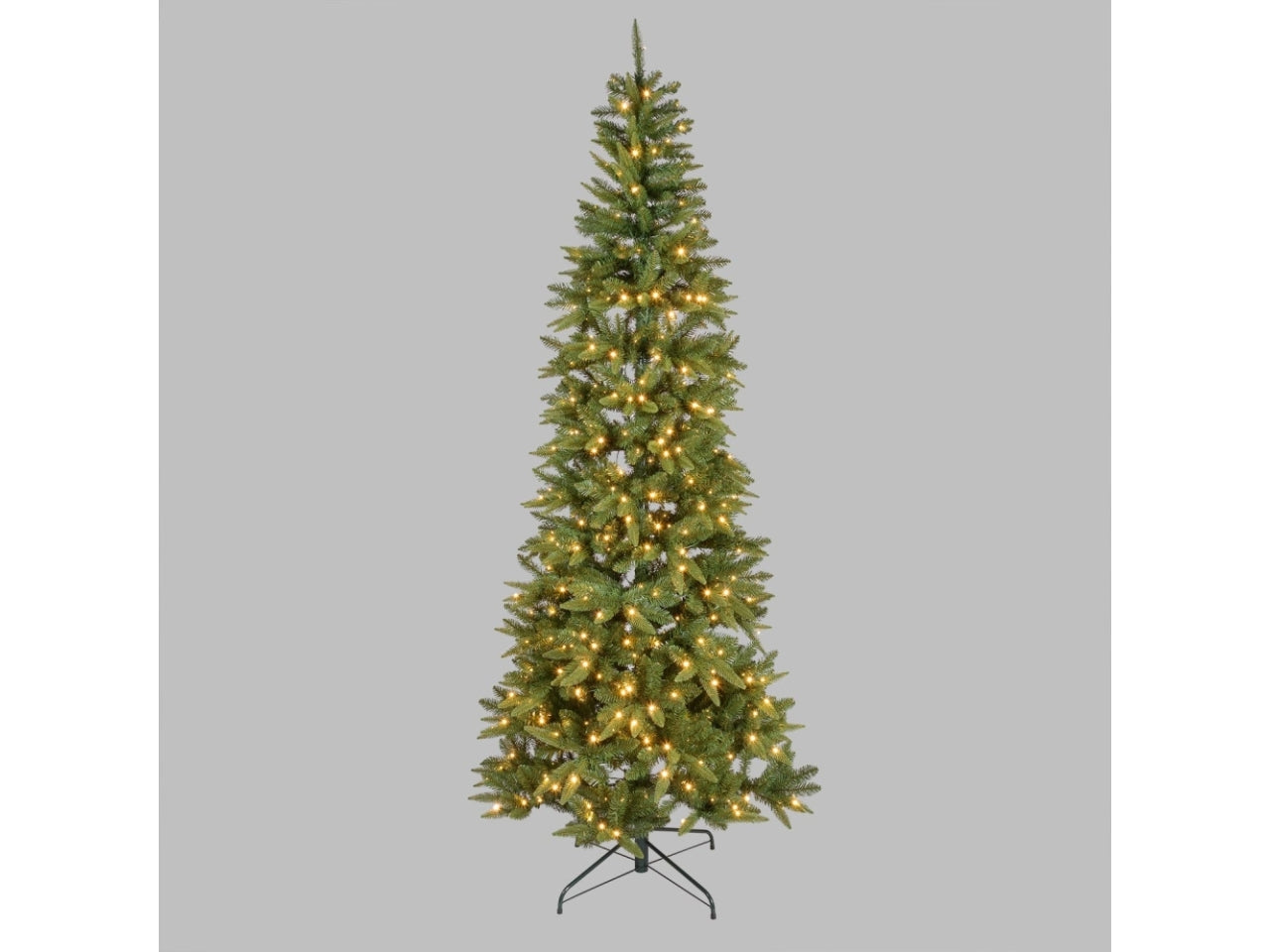 Albero slim prelit 240cm diametro 102cm, 1289 punte verde, 500led bianco caldo, per uso interno/esterno e giochi di luce