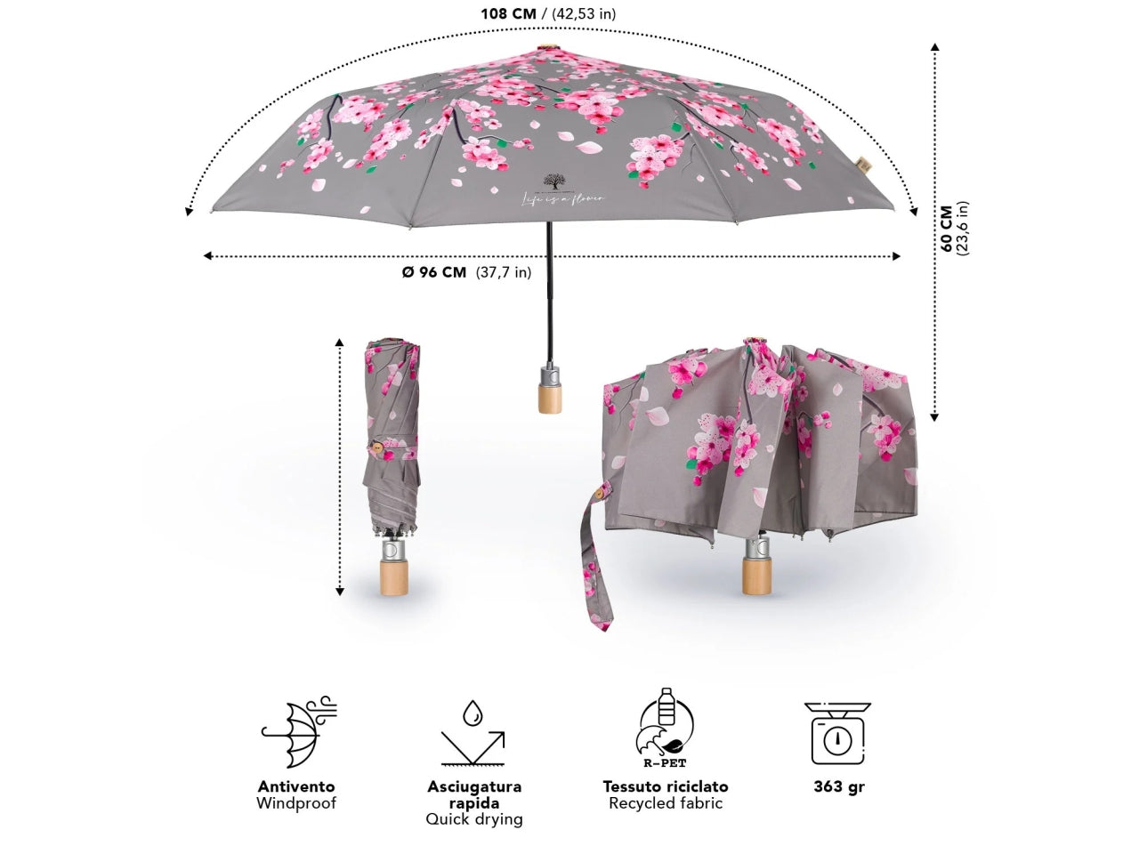 Ombrello donna mini 54cm automatico con stampa fiore di pesco