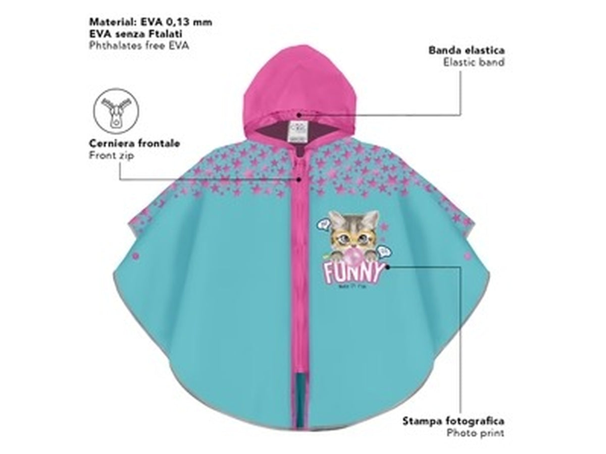 Poncho kids pioggia Funny cat zip+brd kids di colore azzurro