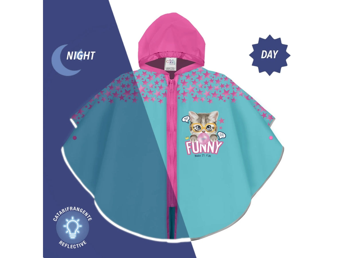 Poncho kids pioggia Funny cat zip+brd kids di colore azzurro