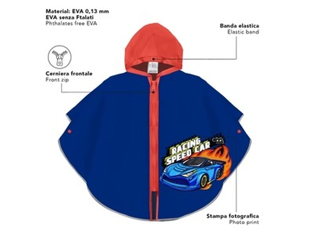 Poncho kids pioggia Racing car zip+brd kids di colore blu