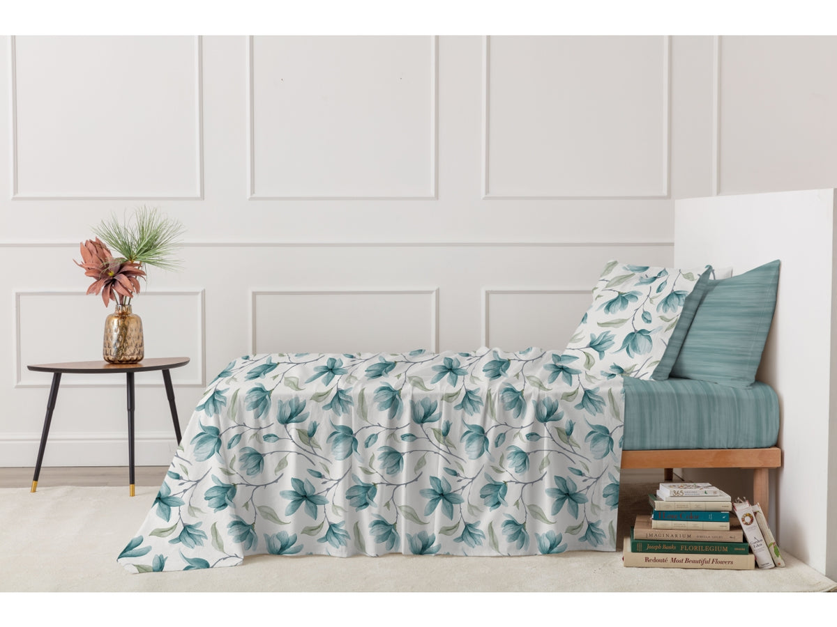 Magnolia completo letto cotone stampato 2 piazza di colore ottanio