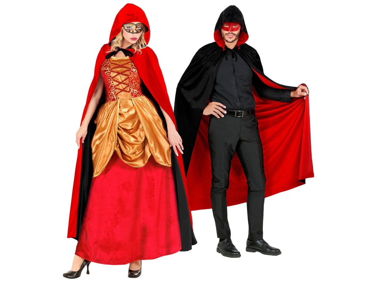 Mantello doubleface nero/rosso con cappuccio 140cm
