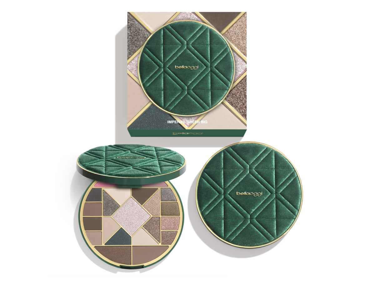 Bellaoggi imperial green palette large con 16 ombretti,1 illuminante, 2terre e 2 blush