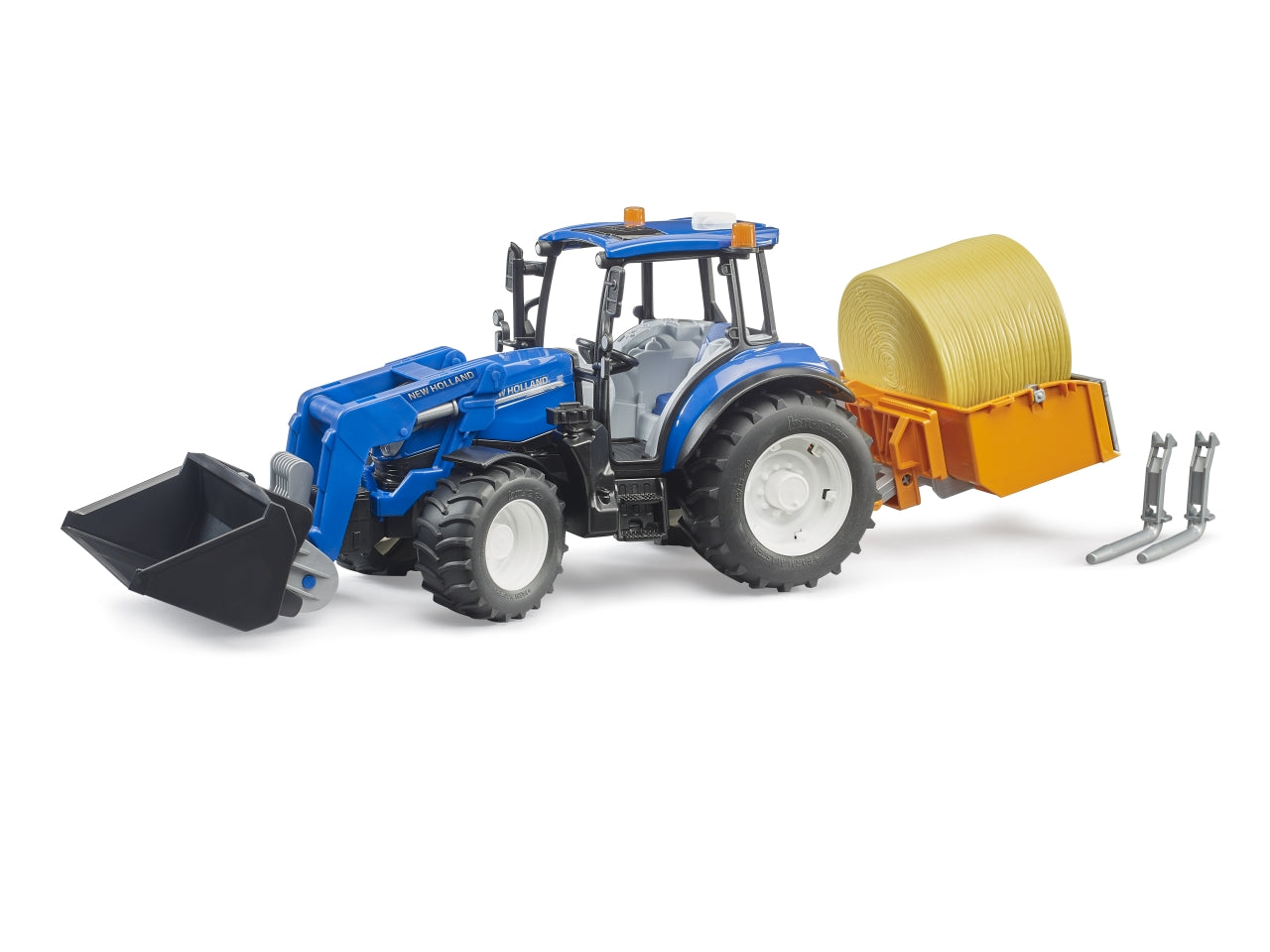 Trattore New Holland T5.120 con benna e balla fieno