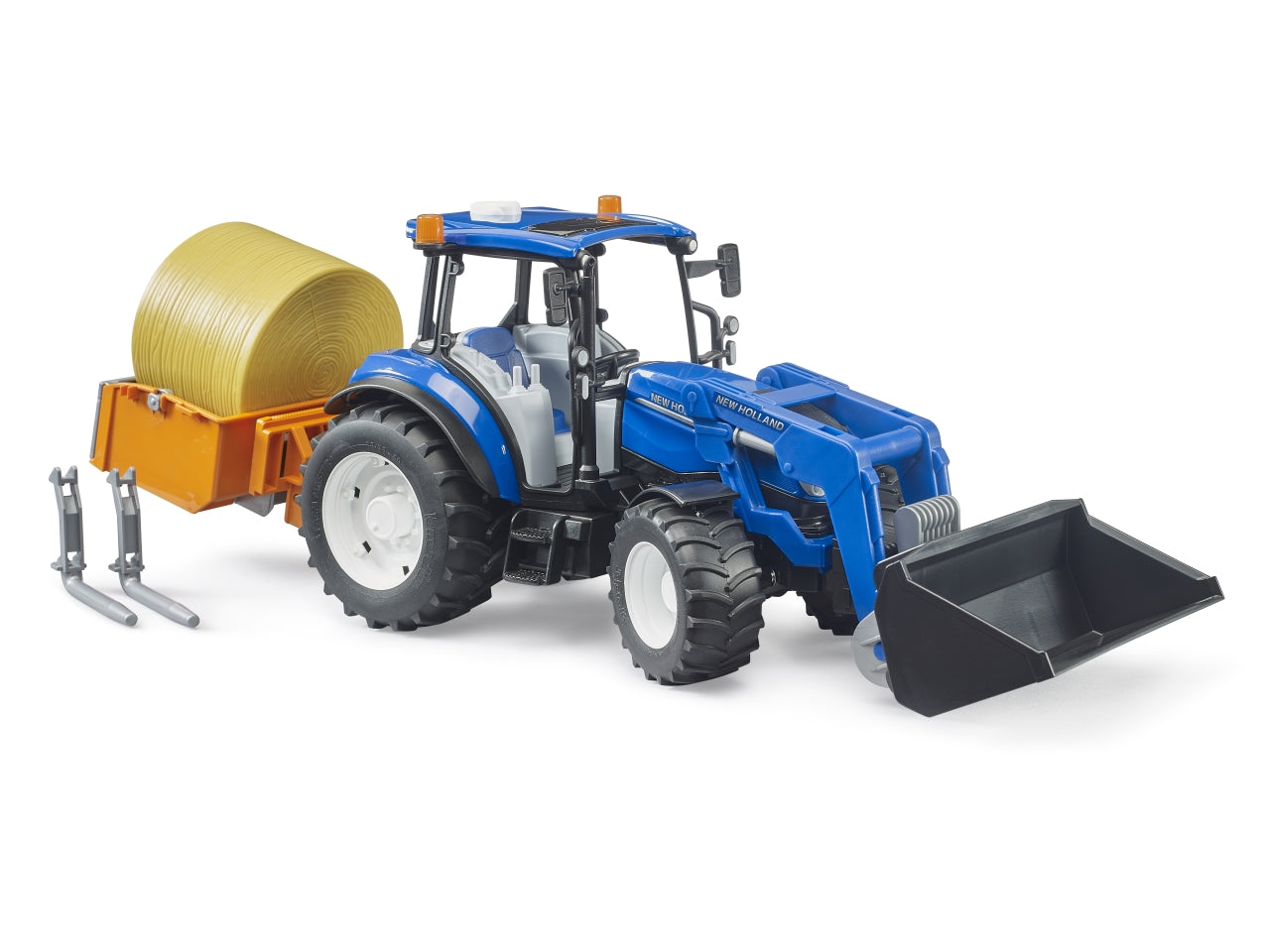 Trattore New Holland T5.120 con benna e balla fieno
