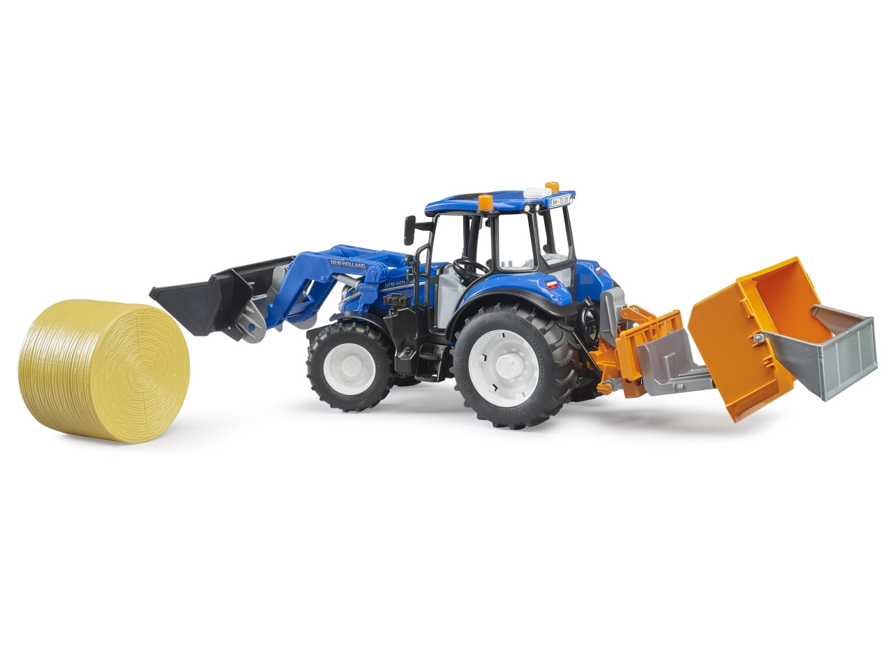 Trattore New Holland T5.120 con benna e balla fieno