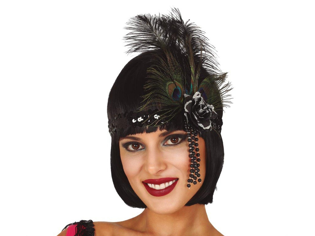 Fascia per testa con paillettes nere e piume