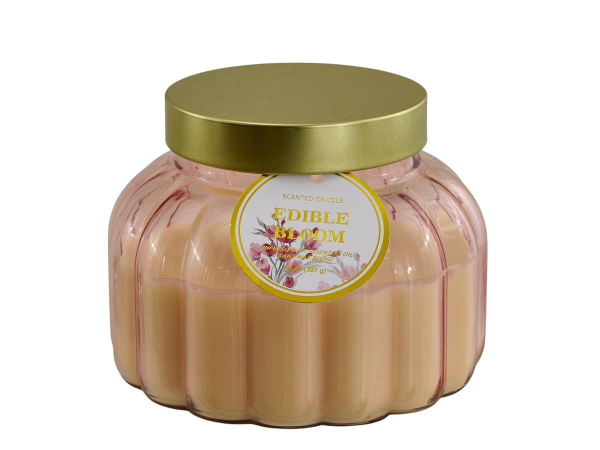 Candela barattolo in vetro a righe larghe con coperchio 12,5x9,7cm rosa