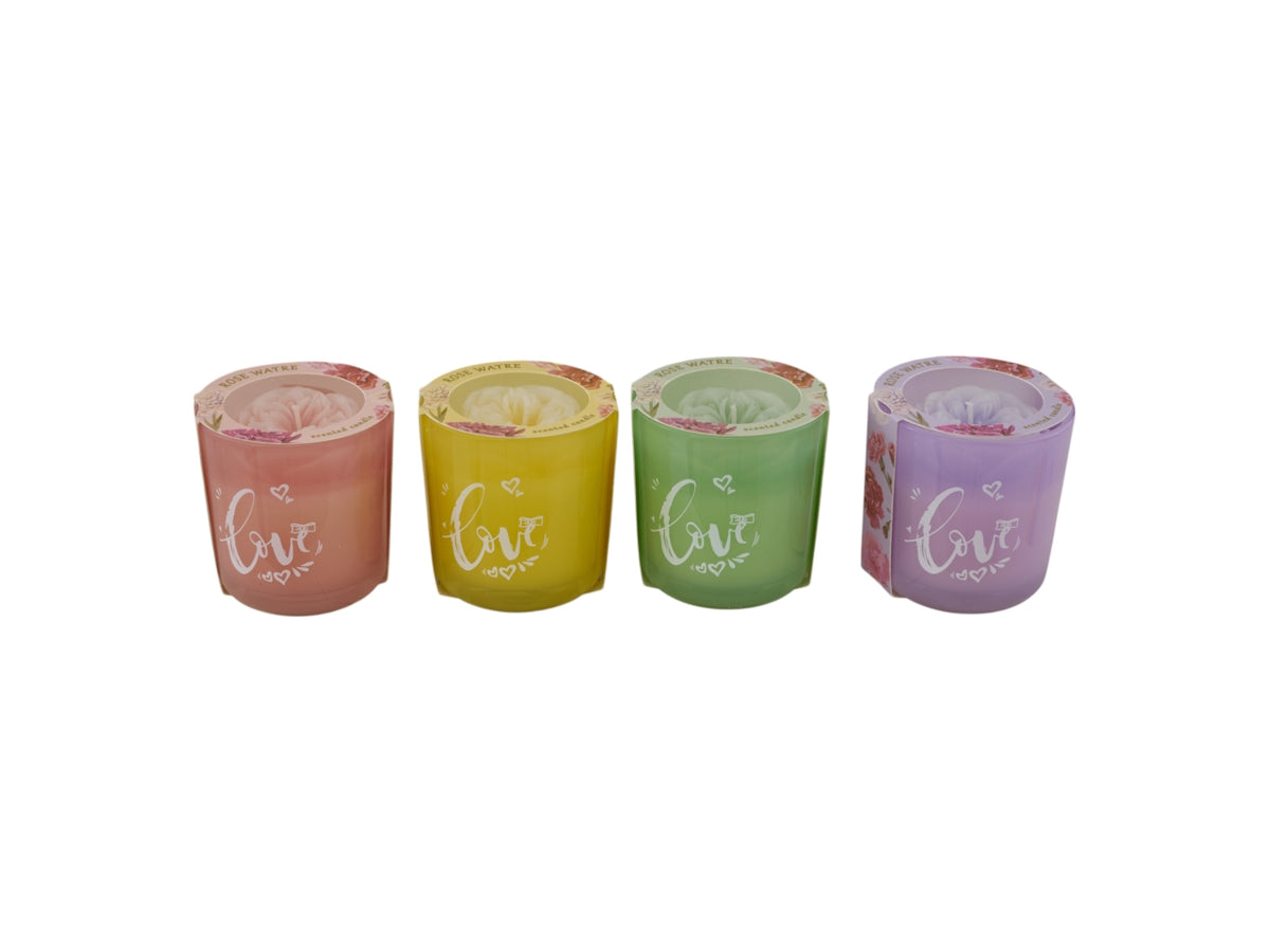 Candela bicchiere in vetro flower 7,7x8cm 4 colori assortiti