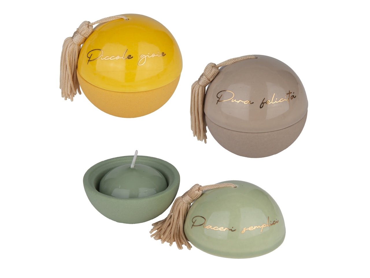 Ball sfera in porcellana con candela e scritte d7cm, 3 assortimenti