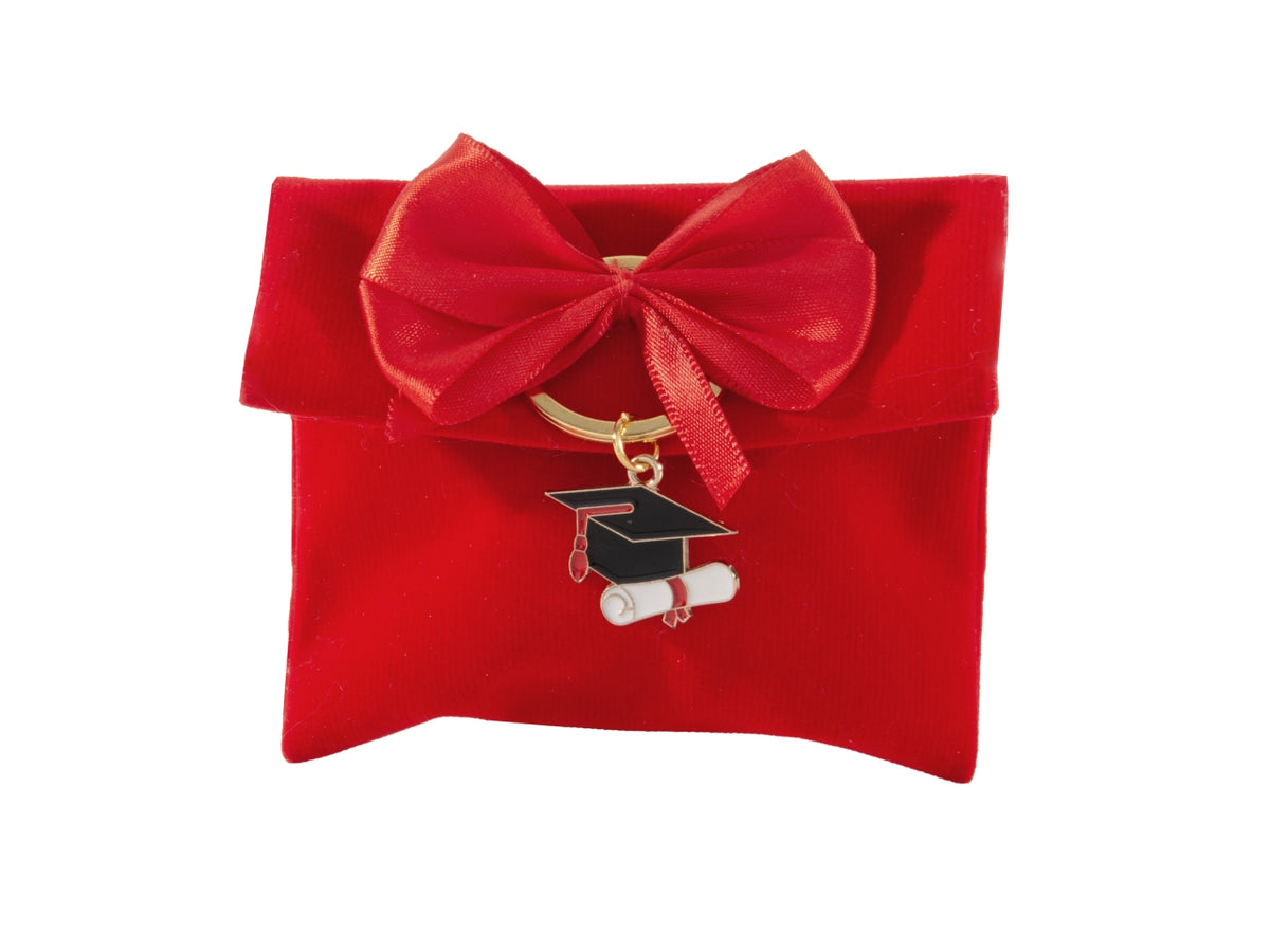 Ateneo busta laurea 10x8cm rosso con portachiavi e fiocco
